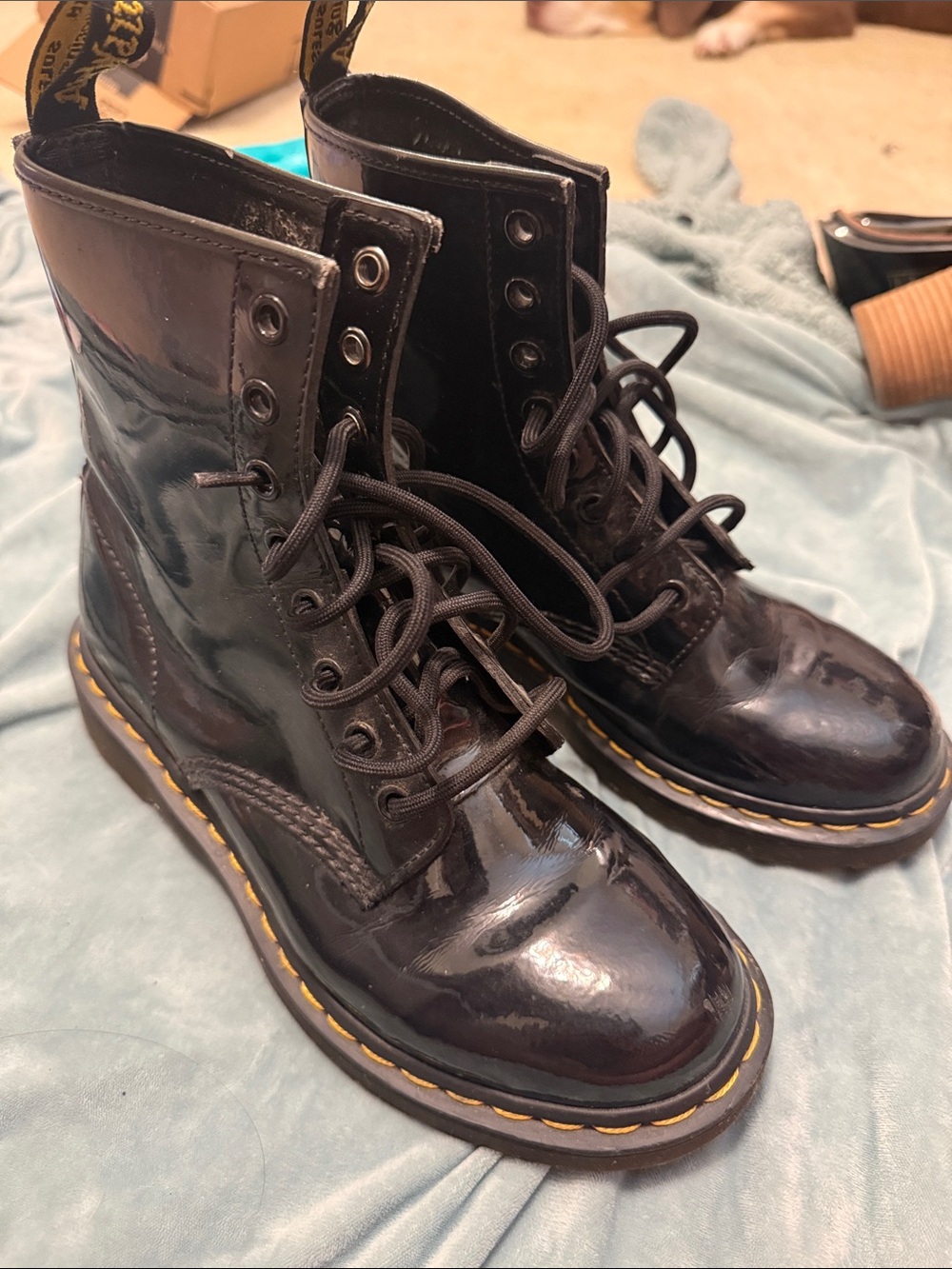 Dr. Martens Black Patent 8-Eye Lace-Up Boots with Yellow Welt Stitching